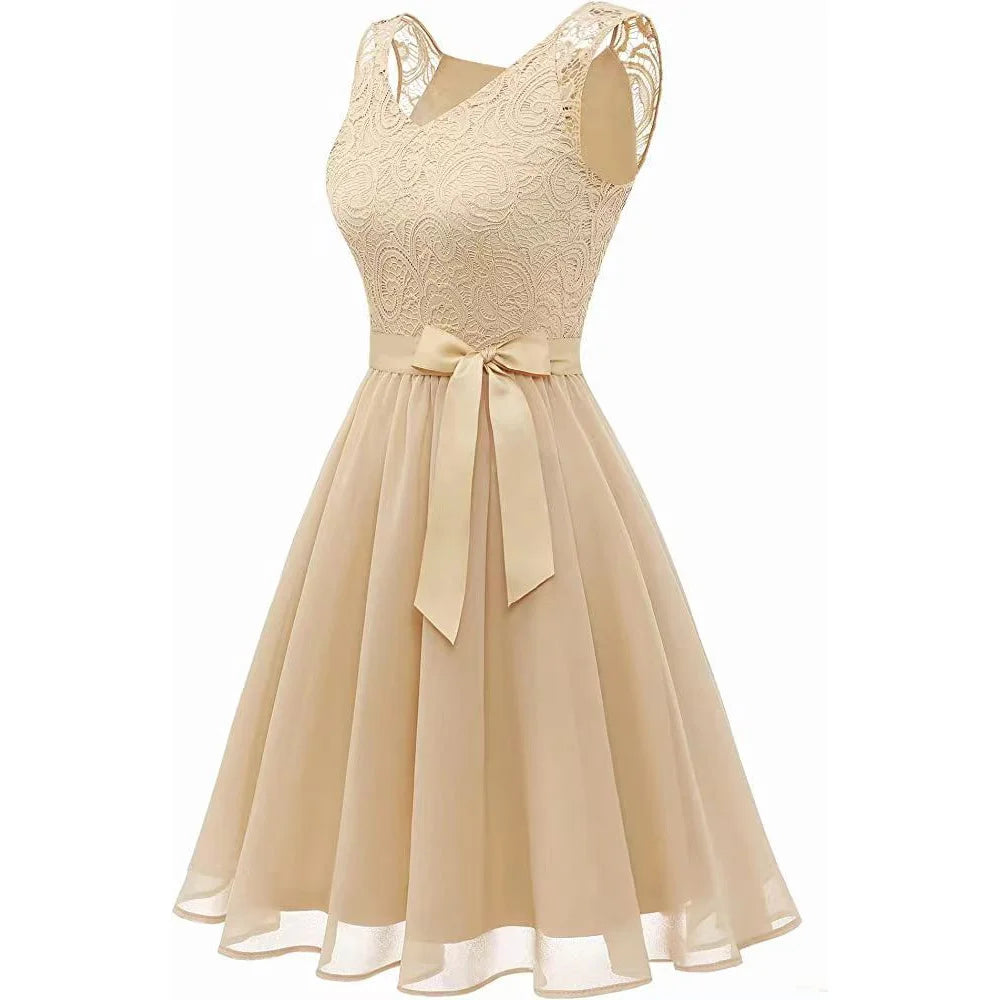 Sleeveless Lace Chiffon Short Bridesmaid Dress Summer Vintage Casual Sundress Patchwork Pink Blue Elegant Short Evening Dresses