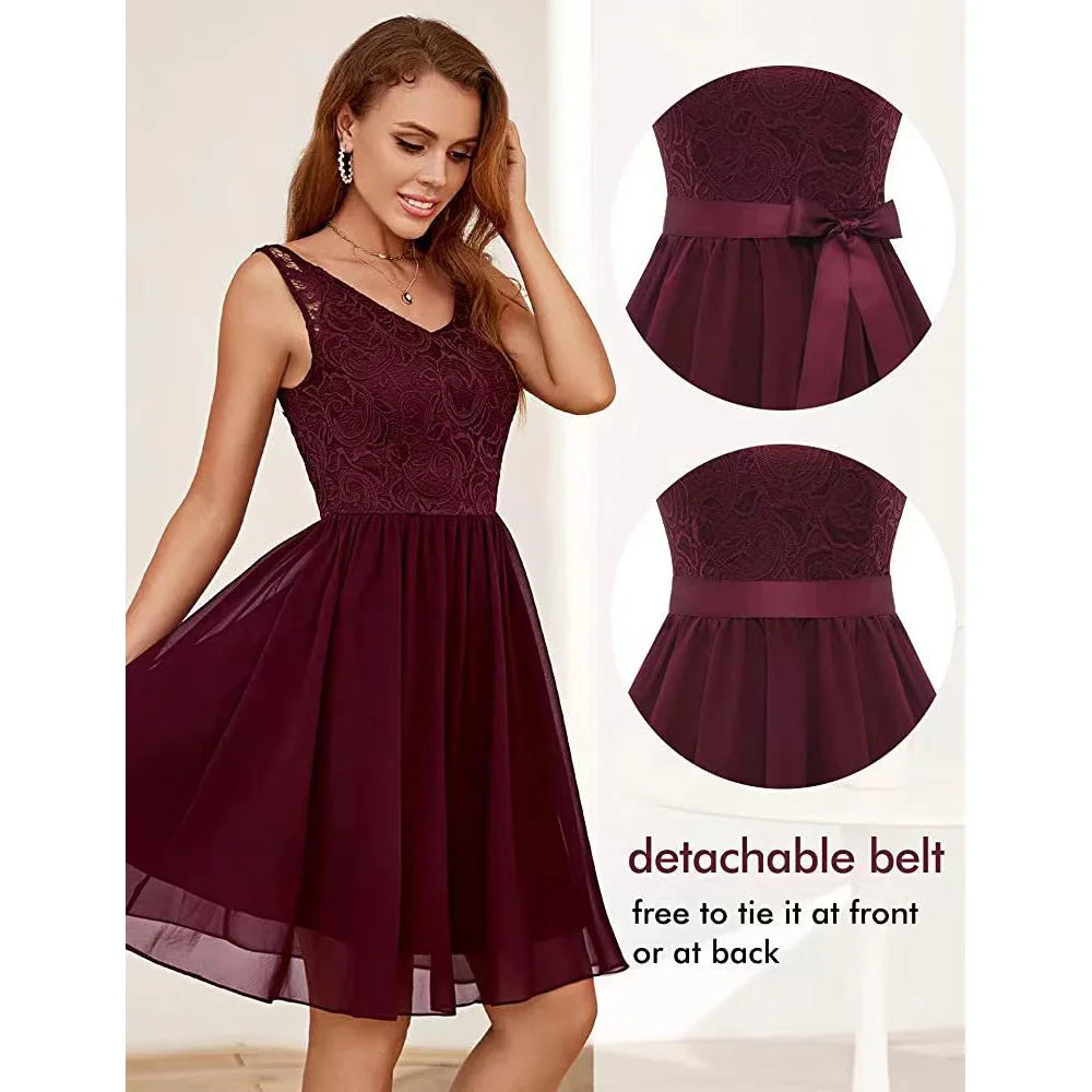 Sleeveless Lace Chiffon Short Bridesmaid Dress Summer Vintage Casual Sundress Patchwork Pink Blue Elegant Short Evening Dresses