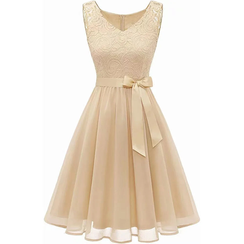 Sleeveless Lace Chiffon Short Bridesmaid Dress Summer Vintage Casual Sundress Patchwork Pink Blue Elegant Short Evening Dresses