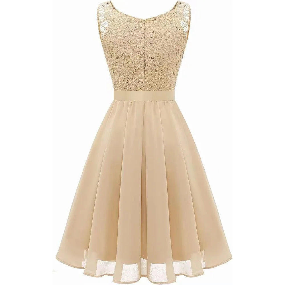 Sleeveless Lace Chiffon Short Bridesmaid Dress Summer Vintage Casual Sundress Patchwork Pink Blue Elegant Short Evening Dresses