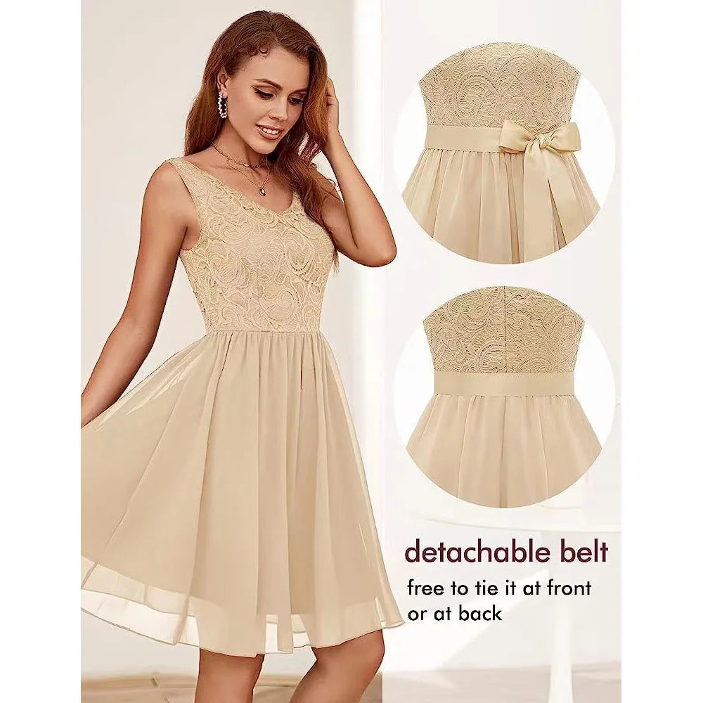 Sleeveless Lace Chiffon Short Bridesmaid Dress Summer Vintage Casual Sundress Patchwork Pink Blue Elegant Short Evening Dresses